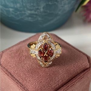 Antique 10k Yellow Gold Garnet and Diamond Art Deco Ring / Vintage Garnet ring